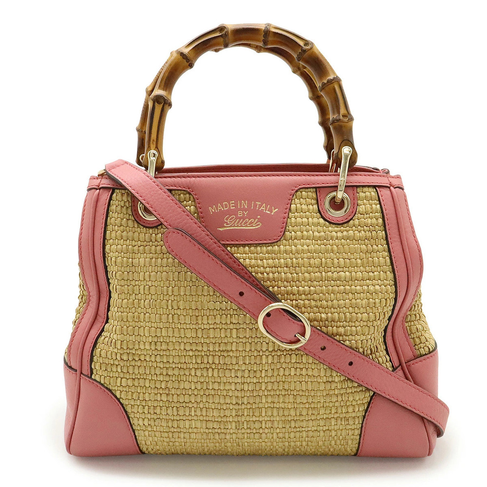Gucci Bamboo Shopper 2way Shoulder Bag Straw Tan Leather Pink